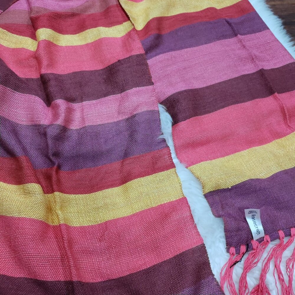 Rosecarft Pure Bamboo Handmade Handwoven Pink Purple Yellow Striped Fringe Scarf - Picture 5 of 10